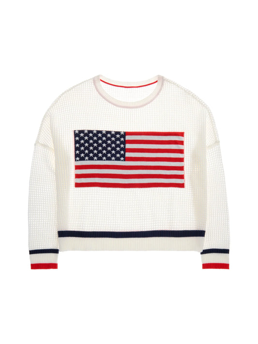 The Shiraleah American Flag Mesh Sweater in white features a bold flag design across the front, accented by navy and red stripes on the cuffs and hem—this stylish knit from Shiraleah is the perfect patriotic piece to celebrate your love of country.