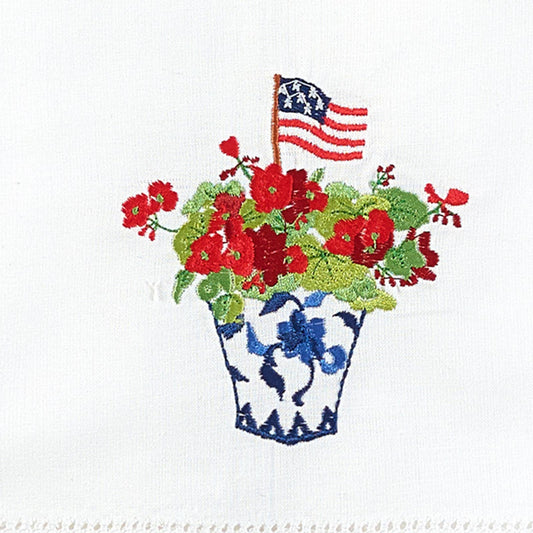 Peking Handicraft Patriotic Chinoiserie Guest Towel close-up showing embroidered detail of flag and geraniums in decorative pot