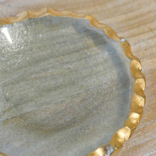 The Royal Standard Fairbanks Tidbit Dish close-up showing textured clear glass and gold trim detail