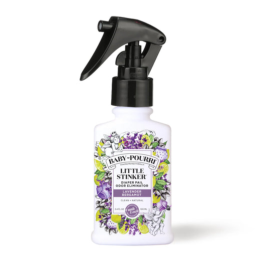 Baby Pourri Little Stinker Lavender Bergamot white spray bottle with black trigger and floral label
