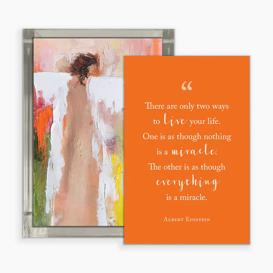 Anne Neilson Home 100 Days of Gratitude card with orange cover and Albert Einstein quote displayed with holder