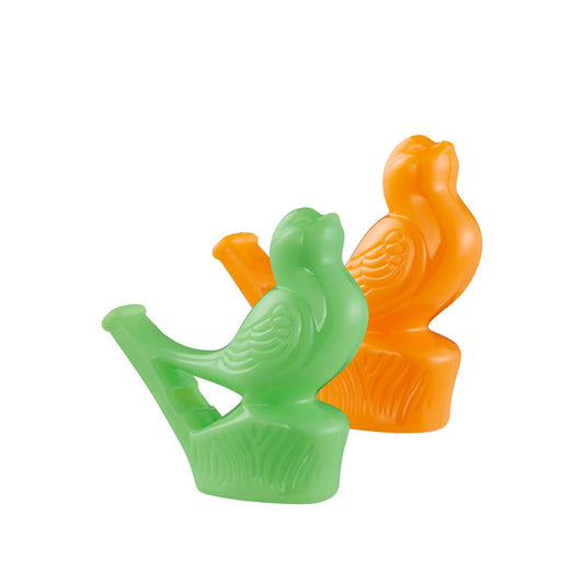 Toysmith Neato! Bird Whistle in bright green and orange plastic, bird-shaped with detailed wing carving