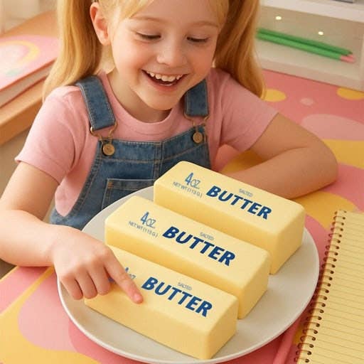 Child in denim overall squeezing K-Wonderland yellow butter squishy toy on white plate