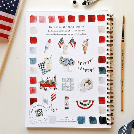 Emily Lex Studio Americana Watercolor Workbook interior page showing patriotic watercolor illustrations and color palette
