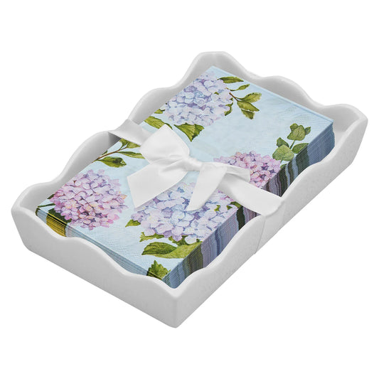 Sophistiplate Ceramic Wave Napkin Tray in cream holding blue and pink hydrangea guest towels with white ribbon