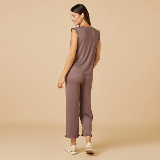 Softies Dream Ruffle V-neck with Cropped Pant in driftwood, back view showing ruffle details