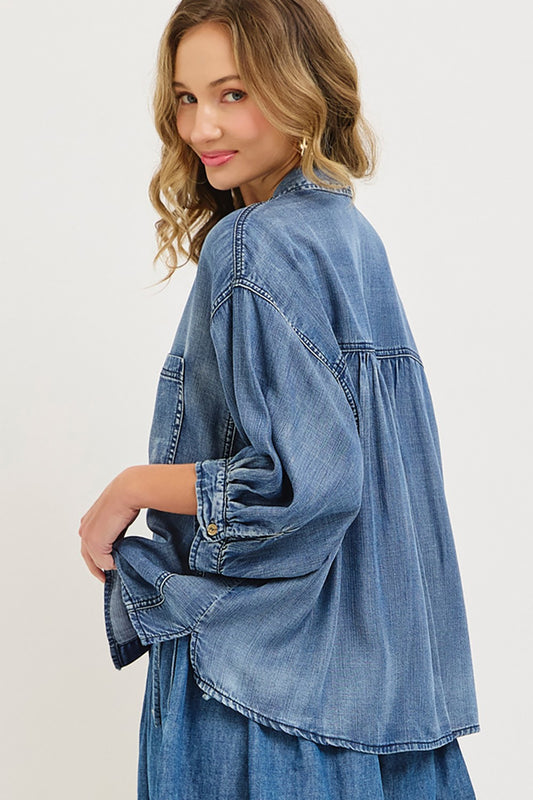 Sweet Lovely by Jen Washed Tencel Dolman Sleeve Top in denim blue with voluminous sleeves, rear view