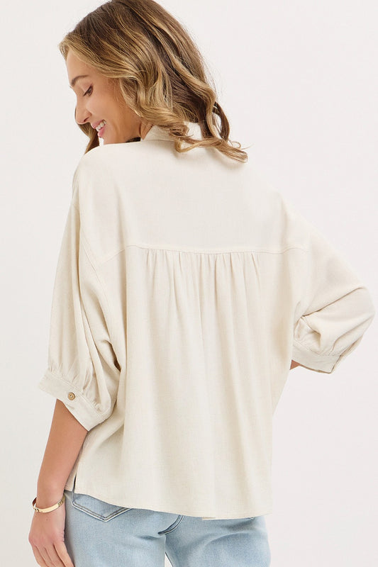 Sweet Lovely by Jen Linen Button Down in oatmeal back view showing gathered waist detail