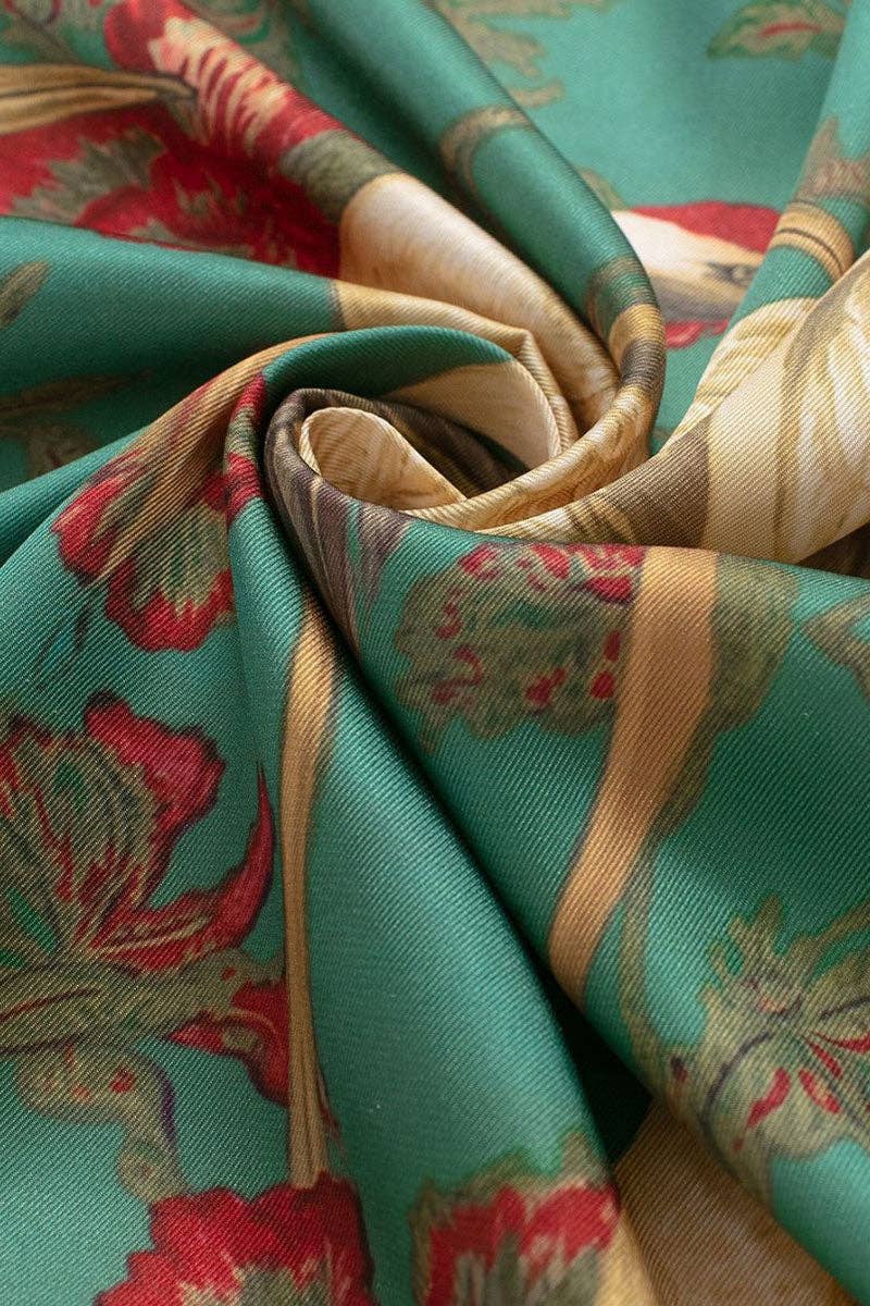 Fringed Floral Crane Print Square Scarf