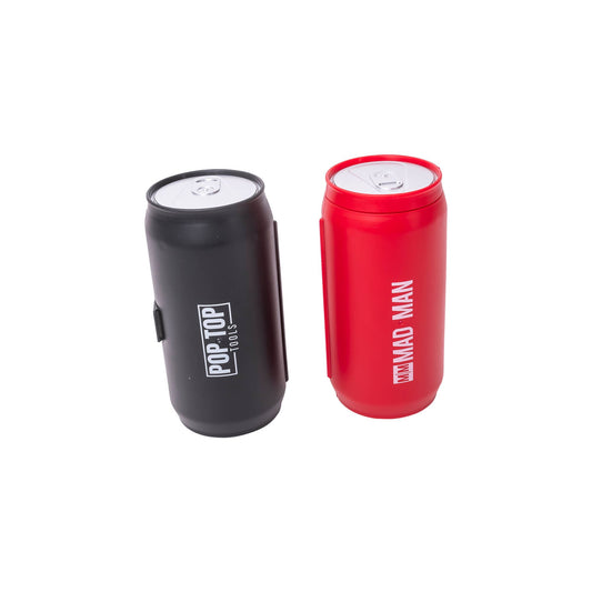 Two cans from Mad Man’s Pop Top Tools collection, one black and one red, stand upright side by side on a white background, presenting a stylish and compact toolkit—ideal for everyday tasks that may require precision screwdrivers or a handy screwdriver set.