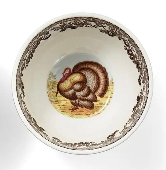 Single Spode Woodland dip bowl with turkey design and brown decorative rim, top view