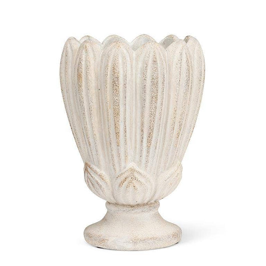 Abbott 9-inch cream stone tulip-shaped pedestal vase with fluted texture, single view