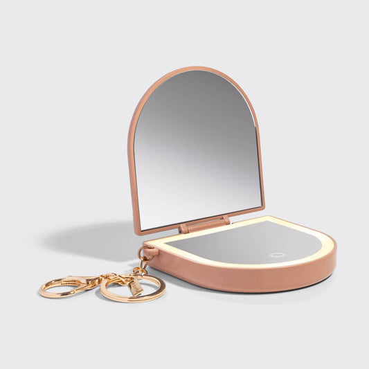 KITSCH terracotta compact mirror keychain opened to show dual mirrors and gold chain keyring