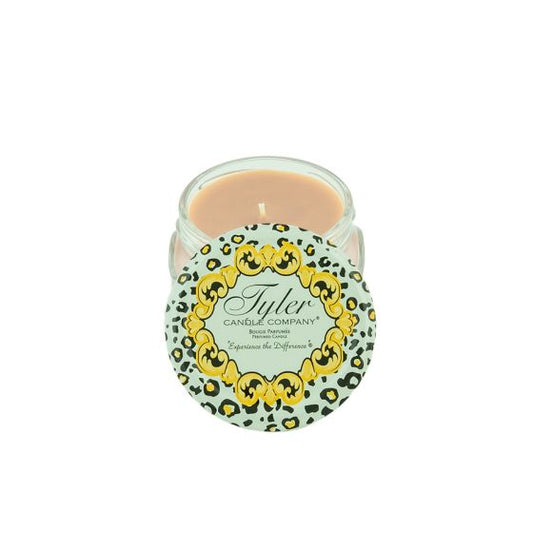 Tyler Candle Company 3.4oz candle with cream wax and leopard print wrap featuring gold and navy baroque design