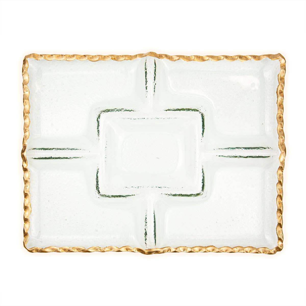 The Royal Standard - Bonaparte Chip and Dip Serving Tray by The Royal Standard features a rectangular clear glass design with a textured gold rim, adding an elegant touch to your dining experience. Perfect for serving appetizers, it includes a central square compartment surrounded by four rectangular sections, making it an ideal piece of gold-accented dinnerware for any occasion.