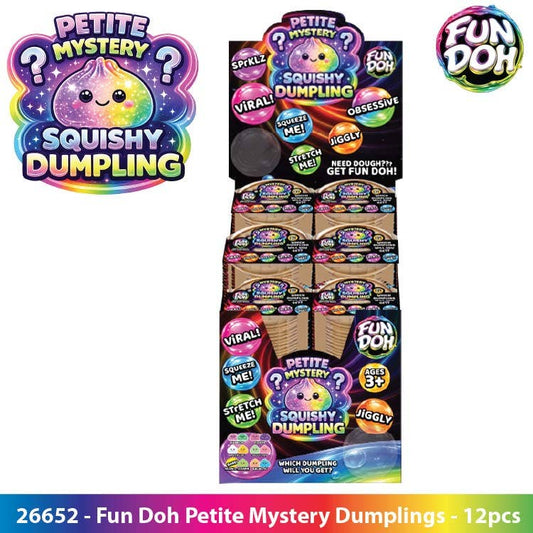 Fun Doh Petite Mystery Squishy Dumpling 12-pack display with purple branding and colorful dumpling toys