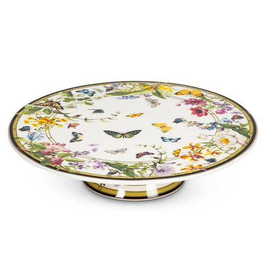 Abbott Butterfly Garden Pedestal Cake Stand top view showing multicolor butterflies and wildflower design on gold-rimmed plate