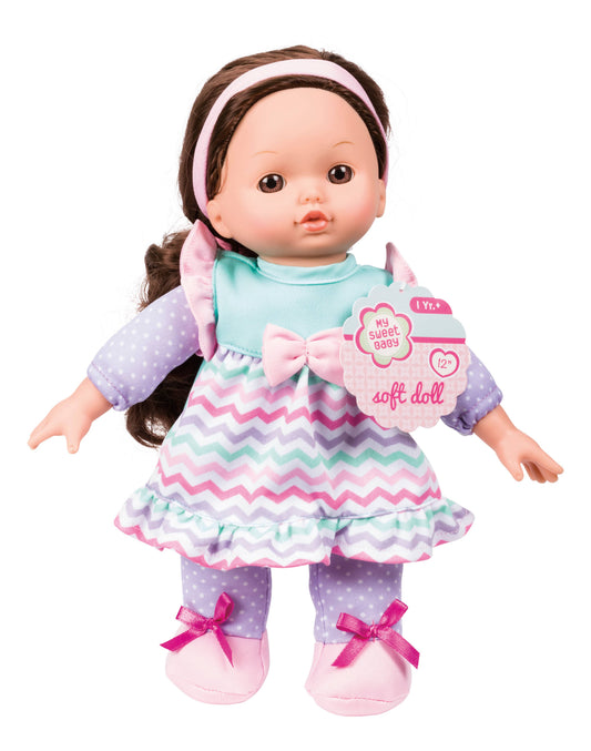 Toysmith My Sweet Baby doll with brown hair, pink headband, and multicolor chevron dress