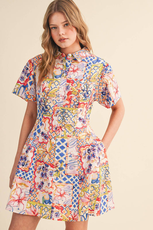 &MERCI - EXCLUSIVE FLORAL FIT & FLARE SHORT SLEEVE MINI DRESS