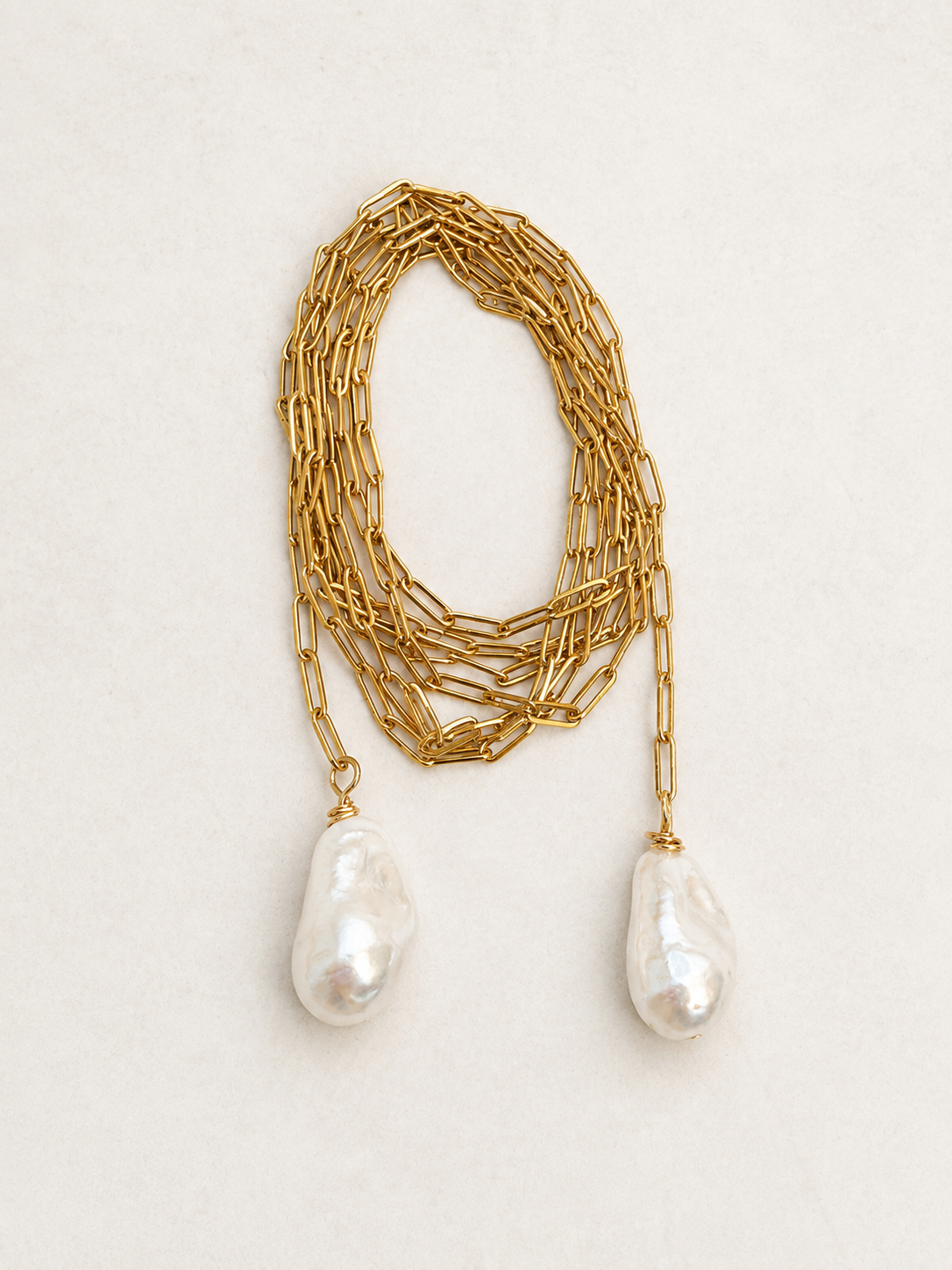 Cameron McIntosh Designs - Long Gold Chain Lariat Wrap Necklace w/ Faux Baroque Pearls
