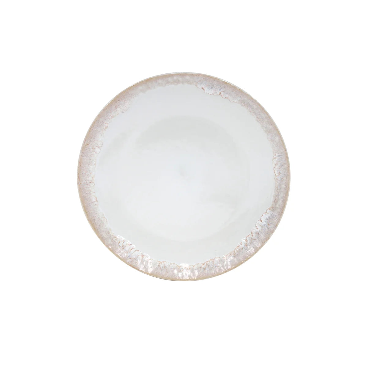 The Costa Nova “Taormina” Dinner Plate by Costa Nova is a white ceramic plate with a textured, slightly raised, light beige rim, shown from above against a plain white background.