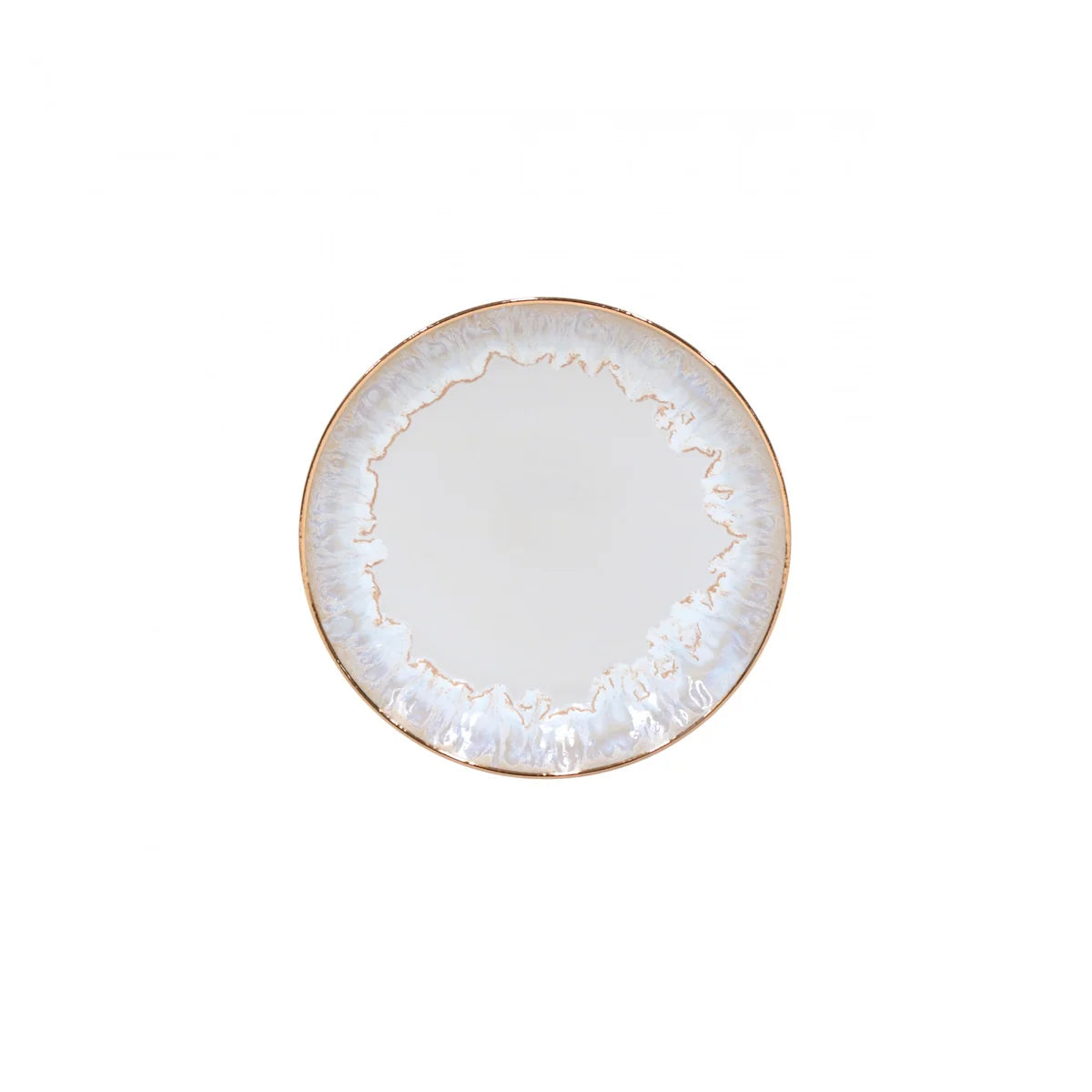 Costa Nova “Taormina - Gold” Salad Plate by Costa Nova, a round ceramic plate featuring a white center and an irregular, textured edge finished with a metallic gold rim. The plate is photographed against a plain white background.