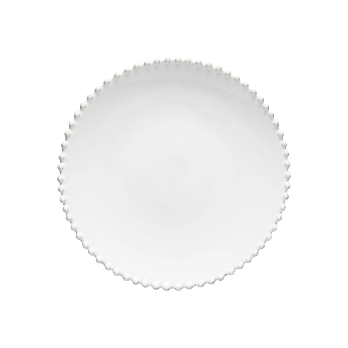 Costa Nova Pearl white dinner plate with decorative beaded rim, overhead view
