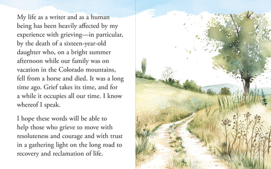 Healing After Loss interior spread with author's text on left and watercolor landscape illustration of pastoral valley on right