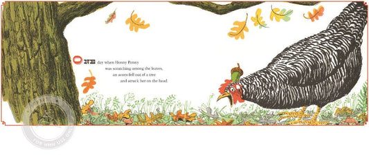 Henny Penny by Paul Galdone interior spread showing hen and falling autumn leaves with story text