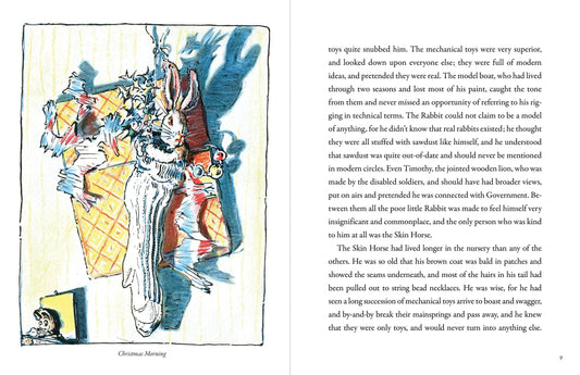 Interior pages of The Velveteen Rabbit showing colorful William Nicholson illustration of toys on left and printed text on right