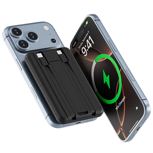 LAX Gadgets black magnetic power bank attached to blue iPhone, showing wireless charging indicator