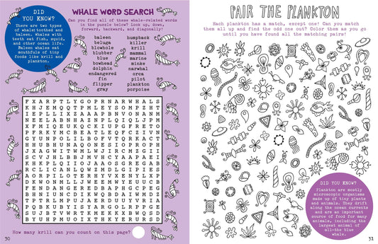 Interior spread showing whale word search puzzle on purple page and plankton matching activity with line drawings on white page