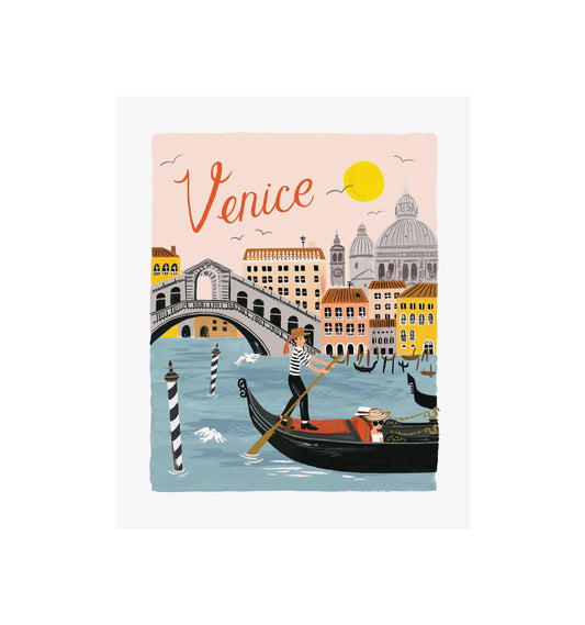 Rifle Paper Co. Venice World Traveler art print unframed with gondolier, buildings, and sunny waterfront scene