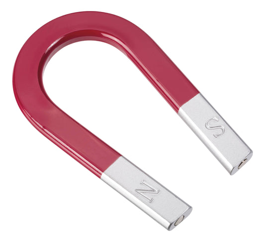 Red horseshoe magnet with silver metal poles and polished finish, angled view