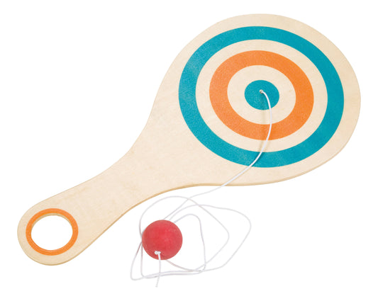 Toysmith Neato Bounce Back Paddle Ball with wooden handle showing front view and red ball attached by string