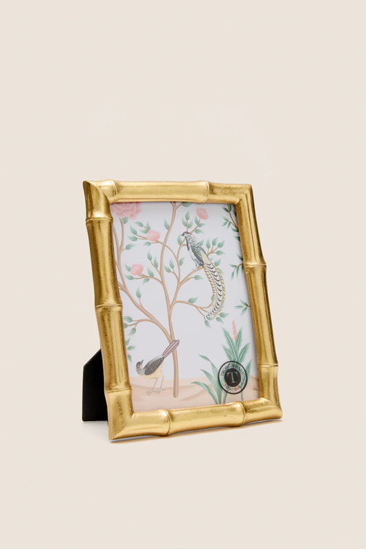 Two's Company gold faux bamboo photo frame with botanical illustration of birds and flowering branches