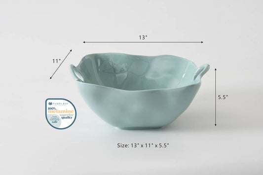 Pampa Bay Extra Large Bowl in sage green melamine with dimensions labeled 13 x 11 x 5.5 inches