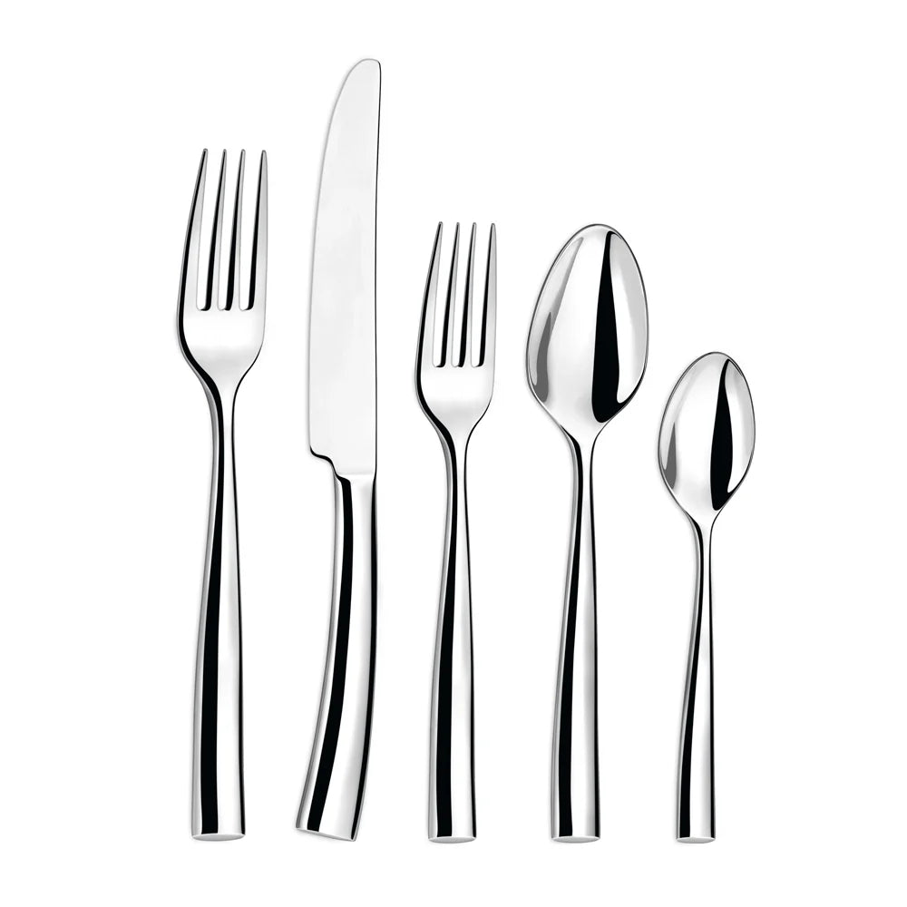 Five pieces of Couzon "Silhouette" Stainless Flatware— a fork, a knife, another fork, a tablespoon, and a teaspoon—are arranged side by side on a plain white background.