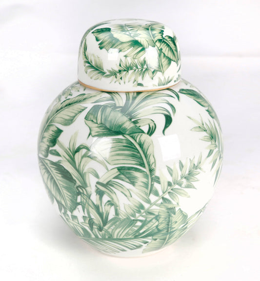 AA Importing Tropical Leaf Round Jar with green leaf pattern and matching lid, full view