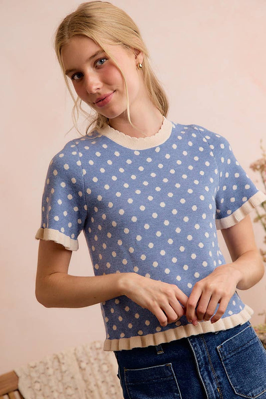 So Me - POLKA DOT RUFFLED SHORT SLEEVES SWEATER KNIT TOP