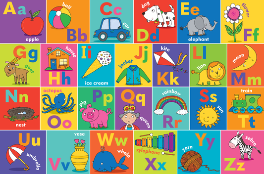 Peter Pauper Press Alphabet Kids' Floor Puzzle showing complete grid layout with illustrated letters and corresponding words in vibrant colors