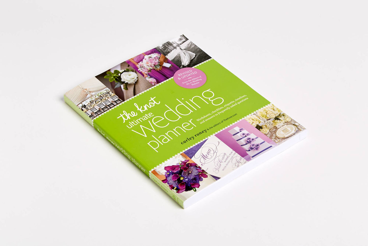 The Knot Ultimate Wedding Planner Revised Edition with lime green cover and collage of wedding details including flowers, invitations, and cake
