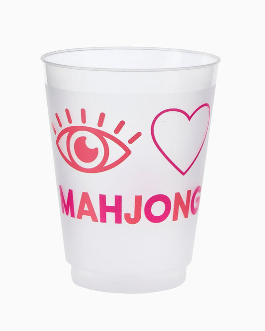 Oh My Mahjong I Heart Mahjong Cup in white with hot pink eye and heart outline icons and 'MAHJONG' text
