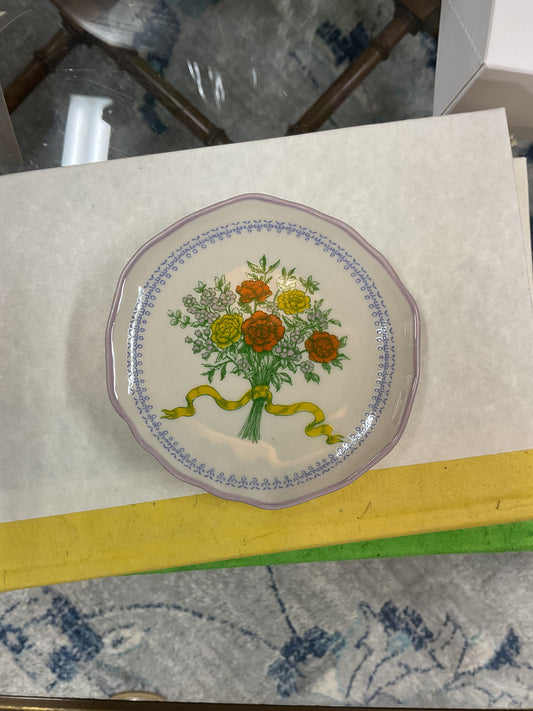 Hazel Mazel Scalloped Plate with yellow and orange floral bouquet and blue dotted rim