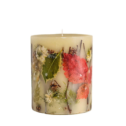 Rosy Rings Signature Accent Botanical Candle featuring coral flowers, green leaves, and dried botanicals embedded in cream wax