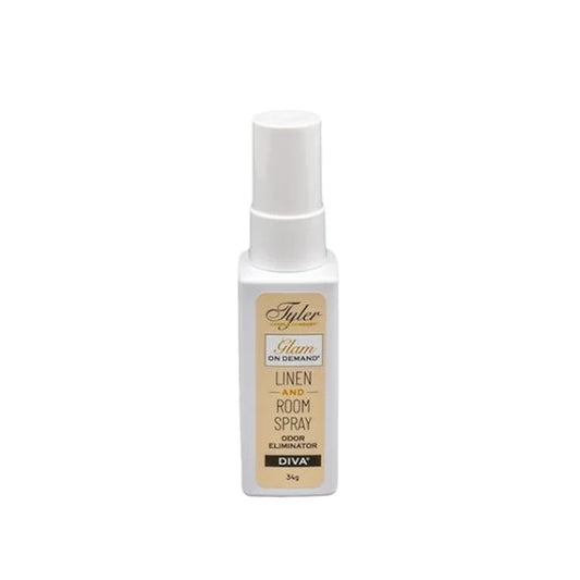 Tyler Glam On Demand Diva travel size linen and room spray bottle, front view