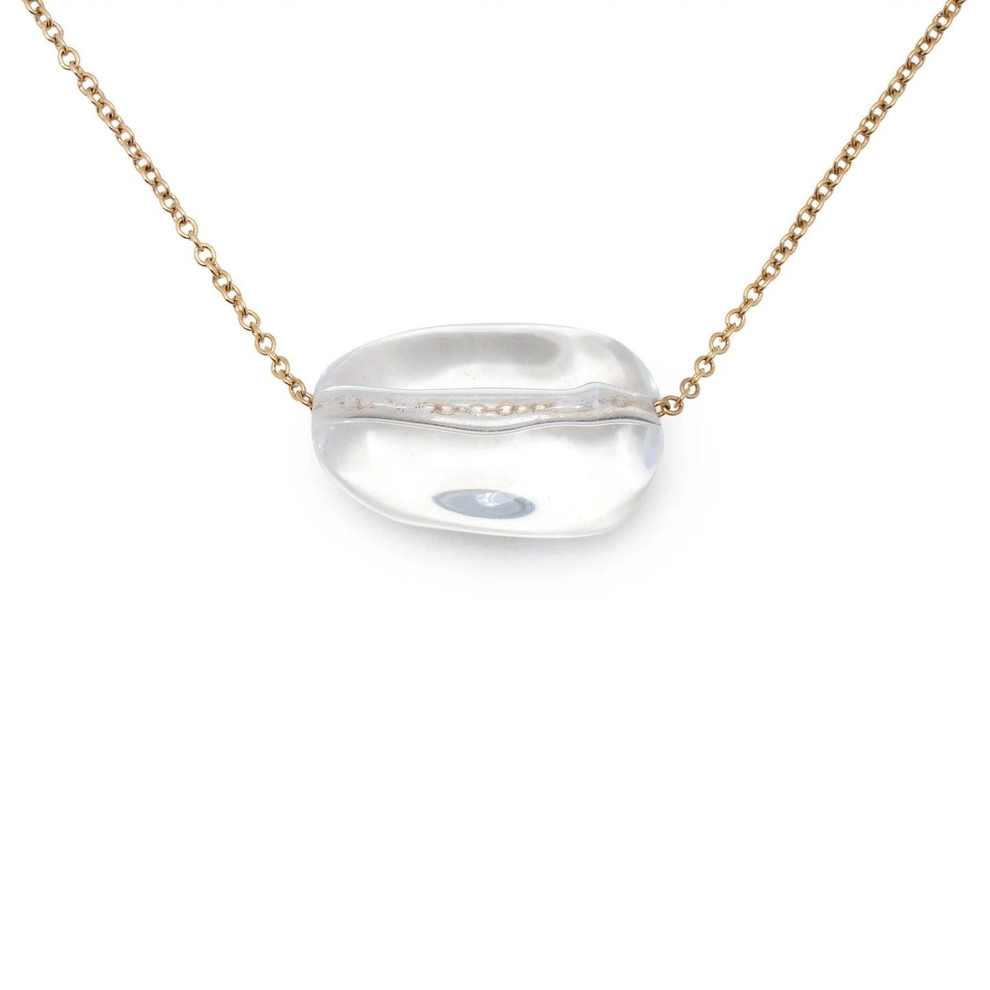 Introducing the Leslie Curtis Sabrina Necklace by Leslie Curtis—a delicate, tarnish-resistant 14-inch gold chain showcasing a single clear oval glass bead with a silver line through its center. This necklace embodies timeless elegance and subtle sophistication, making it perfect for any occasion.