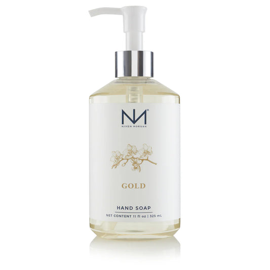 Niven Morgan Gold hand soap 11 oz with pale yellow liquid, white pump bottle, and gold botanical label