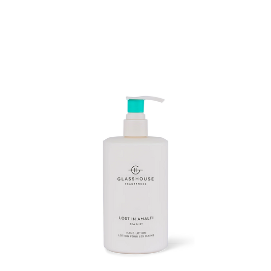 Glasshouse Lost in Amalfi hand lotion in white pump bottle with turquoise cap