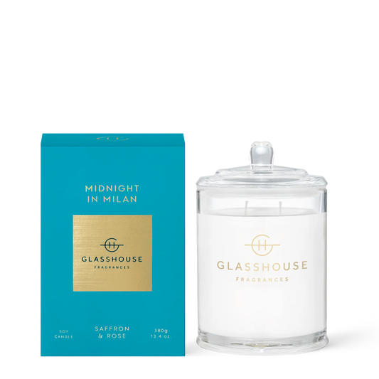 Glasshouse Midnight in Milan candle with turquoise box, saffron & rose scent